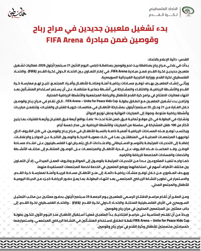 بدء تشغيل ملعبين جديدين في مراح رباح وقوصين ضمن مبادرة FIFA Arena